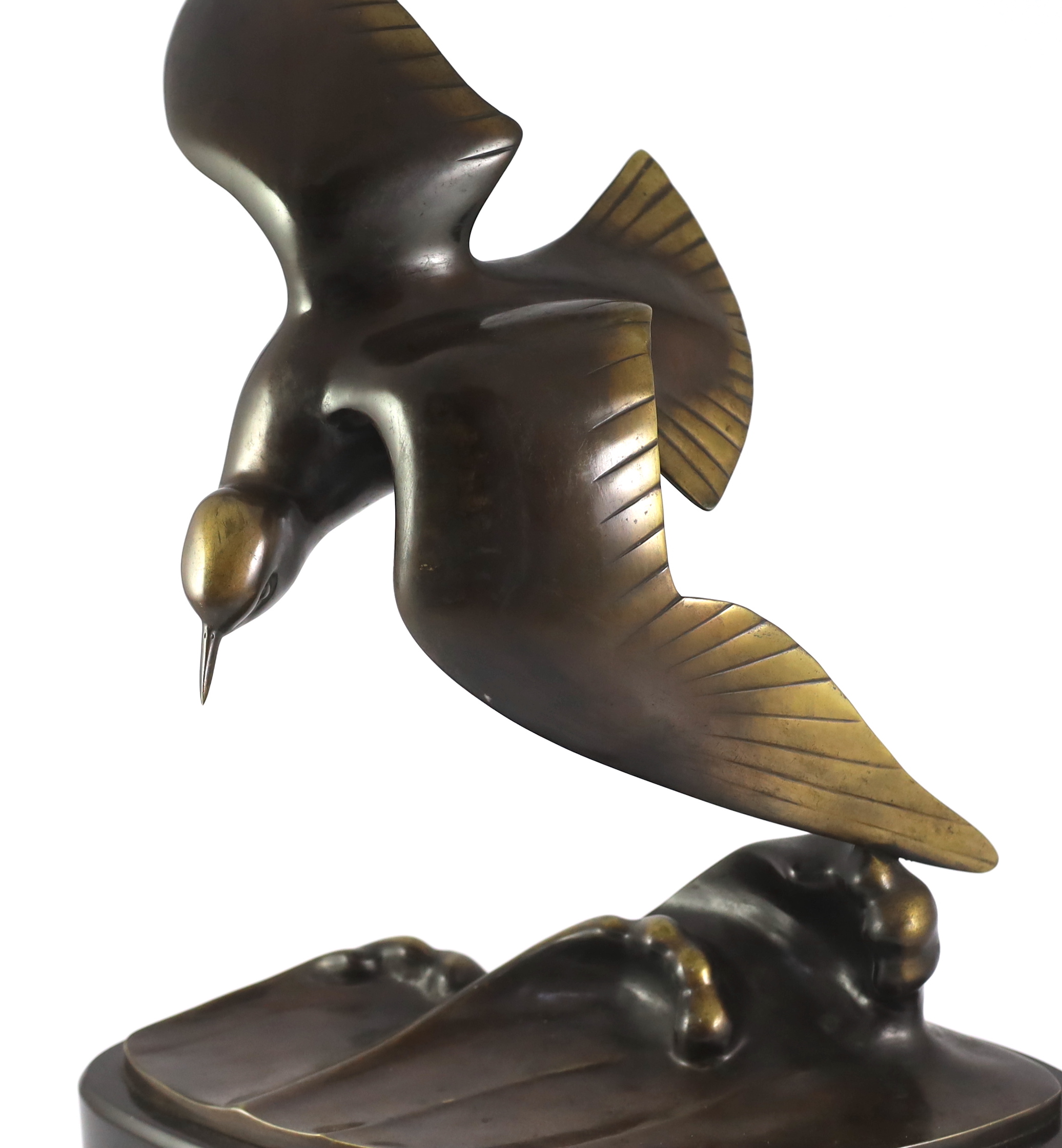 J.B. Leonard. An Art Deco bronze model of a seagull, 45cm wide, 23cm deep, 65cm high